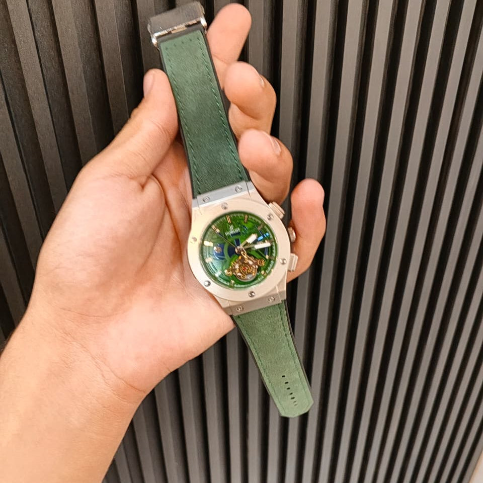 Hublot Classic Fusion Skeleton Watch – Green Leather Strap