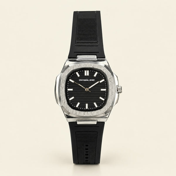 Universe Point Ultra-Slim Luxury Sports Watch – Black Silicone Strap with Butterfly Clasp